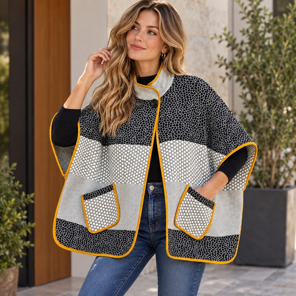 IC by Connie K Cape Poncho Jacket XL Black White Geometric Yellow Trim USA Made